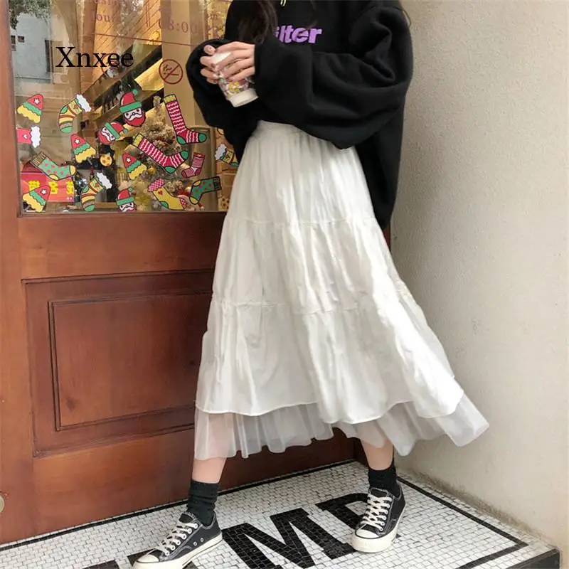 

2021 Autumn Long Tulle Midi Skirt Women's Stretch High Waist Mesh Short Skirt Pleated Skirt Women's Long Skirt Streetwear