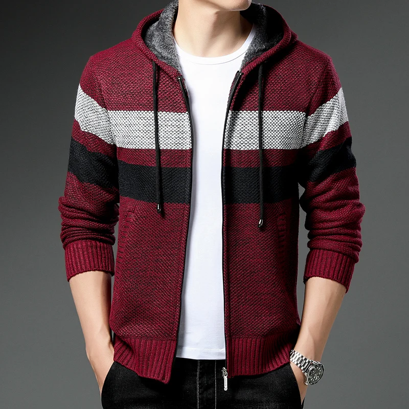 Winter Coat Men\'s Stripe Zipper Knit Cardigan Relaxed Fit Fashion Fleece Warm Jacket Casual Loose 4XL Jumper Hooded Sweater