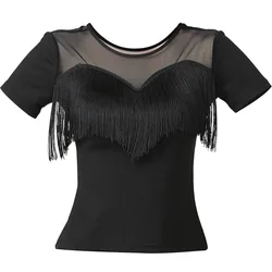 New Adult Women Latin Tops Short Sleeved Tassel T-shirt Stage Competition Dancewear Ballroom Samba Dancing Practice Costume