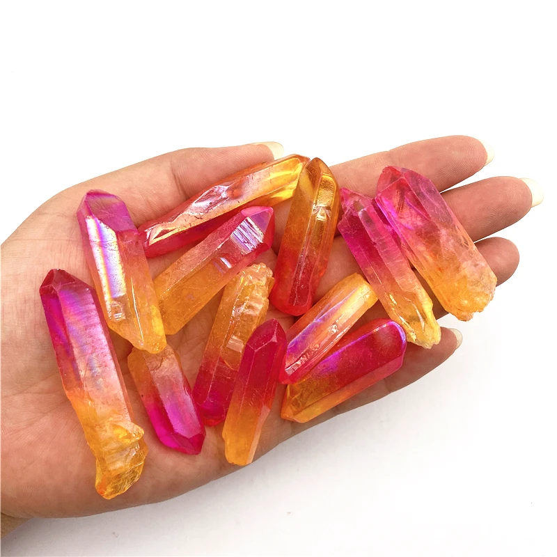 Beautiful 50g Electroplated Yellow and Pink Titanium Aura Lemurian Crystal Wand Point Healing Decorative Quartz Crystals