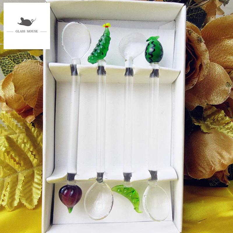 Custom Handmade Glass Fruits figurine decorative transparent Short handle glass spoon Bar kitchen creative tableware teaspoon