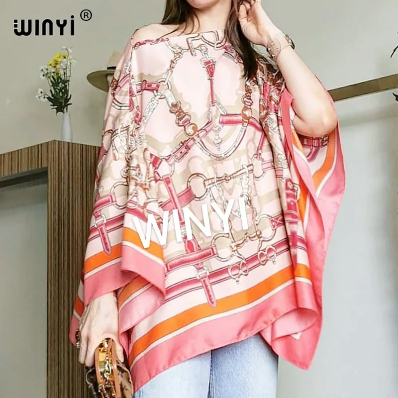 New Printed Middle East 2021 Silk Bohemian summer Beach top clothes Batwing Sleeve abaya Silk top dresses for women WINYI