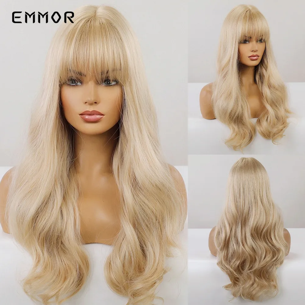 Emmor-Perruque Synthétique Longue Blond Clair avec Frange pour Femme, Cheveux Ondulés Naturels, Haute Température, Moelleux, Cosplay, 03