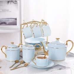 Gold Blue Bone China Coffee Set Luxury Porcelain Noble Tea Set Advanced Pot Cup Ceramic Mug Sugar Bowl Creamer Teapot Coffeeware