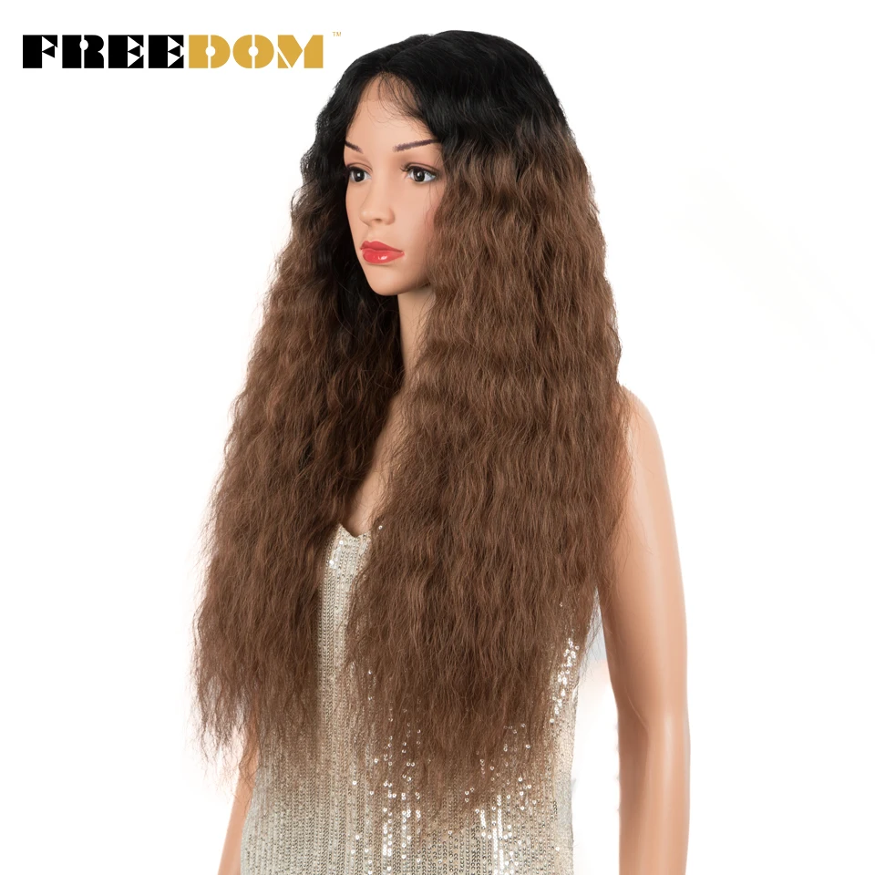 FREEDOM Synthetic Lace Wigs Kinky Curly Long Ombre Brown T Part Synthetic Lace Wigs For Black Women Heat Resistant Cosplay Wig