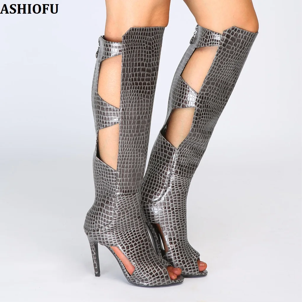 

ASHIOFU New Real Photos Handmade Womens High Heel Boots Sexy Night-club Party Knee Boots Evening Prom Fashion Autumn Boots Shoes