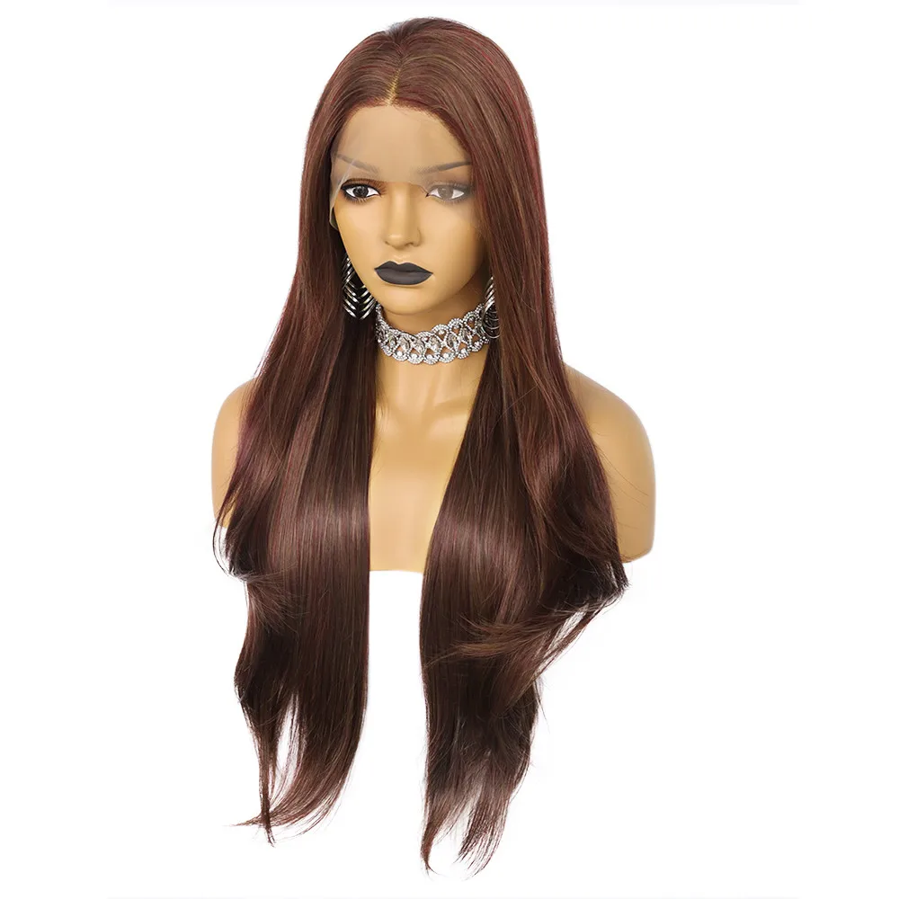 30Inches 13*4 Light Lace Front Wigs Brown Straight Hair with Transparent Heat Resistant Fiber Synthetic for Black Girls Women