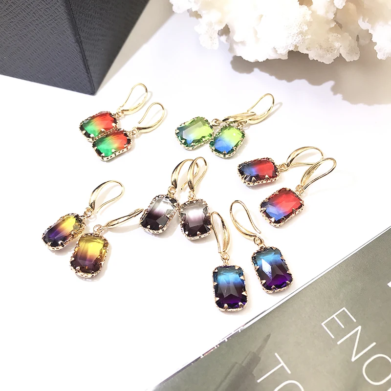 CXQD Fashion Colorful Shiny Transparent Rectangular Dangle Earrings for Women Vintage Crystal Eardrop Statement Wedding Jewelry