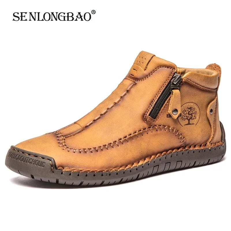 Spring Leather Men Short Boots Autumn Lace-up Flats Medium-top Shoes Outdoor Male Breathable Casual Shoes Handmade Men\'s Boots