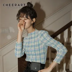 CHEERART Plaid T Shirt Women Permanent Pleat Vintage Long Sleeve Crop Top Tee Shirt Femme Underwear Clothes