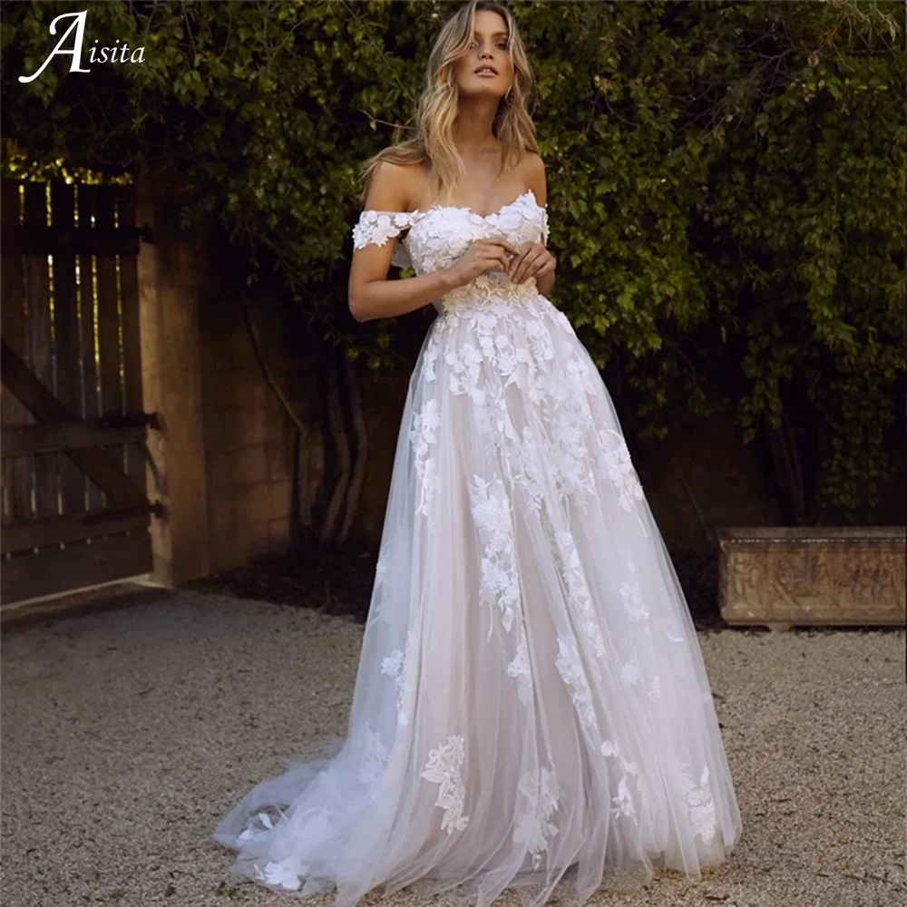 Boho Sexy Off the Shoulder Cheap Wedding Dresses A Line Lace Appliques Backless Bridal Gown Vestido De Noiva Wedding Gown