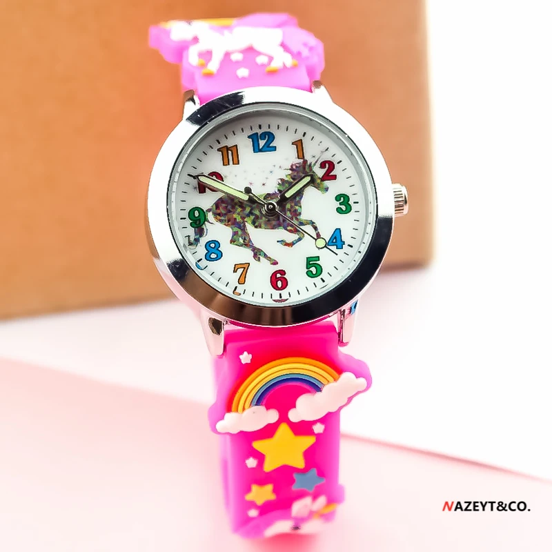 Promozione new fashion children lovely cartoon animal quartz watch 3D girls student horse dial rose rainbow orologio con cinturino in silicone