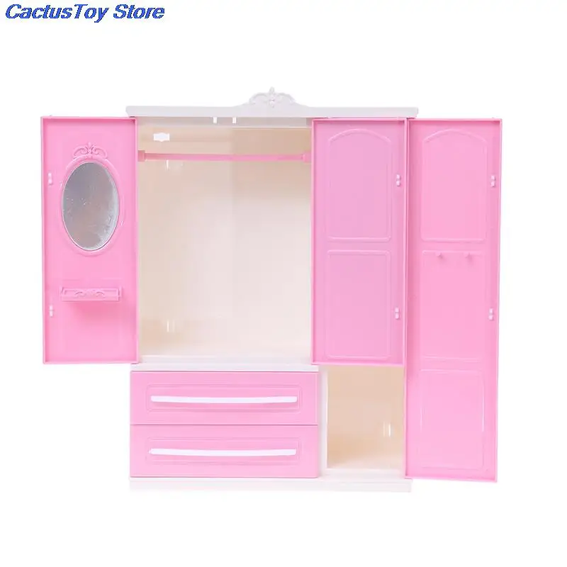 2020 New Three-door Pink Modern Wardrobe for Barbie Furniture Clothes Accessories with Dressing Mirror Girls Toy