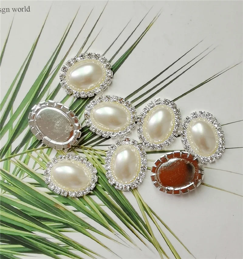 5PCS Oval Pearl Rhinestone Cabochons Silver Color Alloy Base Flatback Jewelry Making Findings Shoe Charm Phone Case Decor