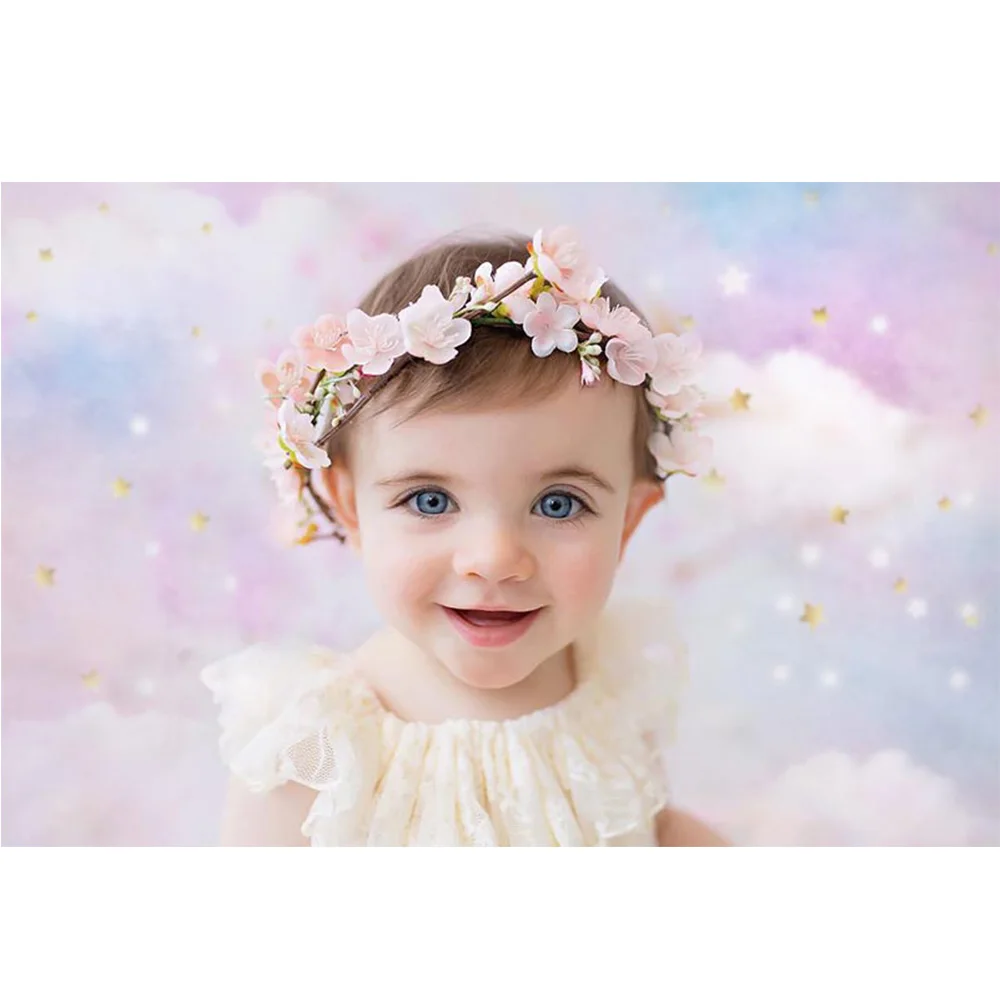 Pano de fundo para fotos de aniversário, tema de arco-íris em nuvem com estrelas douradas, para recém-nascidos, retrato de fundo para fotografia