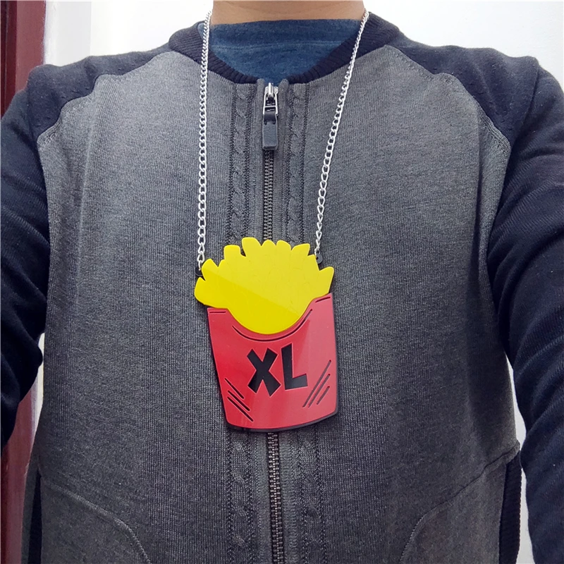 KUGUYS Big XL Chips Pendant Necklace for Women Acrylic Silver Color Link Chain French Fries Trendy Jewelry Accessories