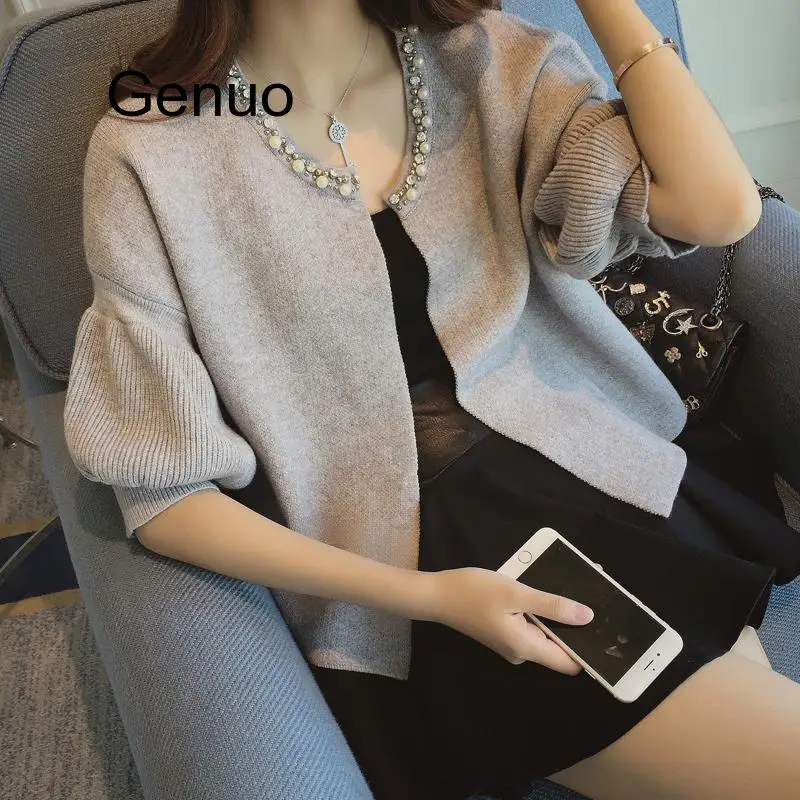 2020 Women Knitted Sweater Korean Style  Loose Coat O Neck Diamond Bead Collar Sweet Sweaters Cardigan Jacket