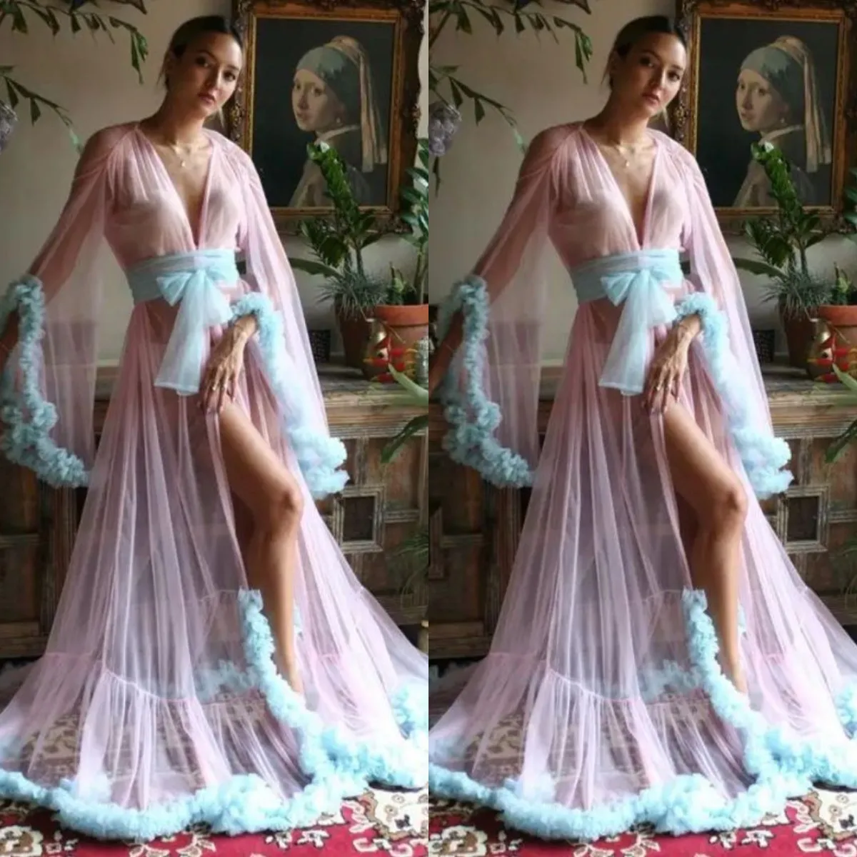 Sexy Women Night Robe Long-sleeves Illusion Custom Made One-piece Tulle Bridal Sleepwear Party Bridal dressing gown