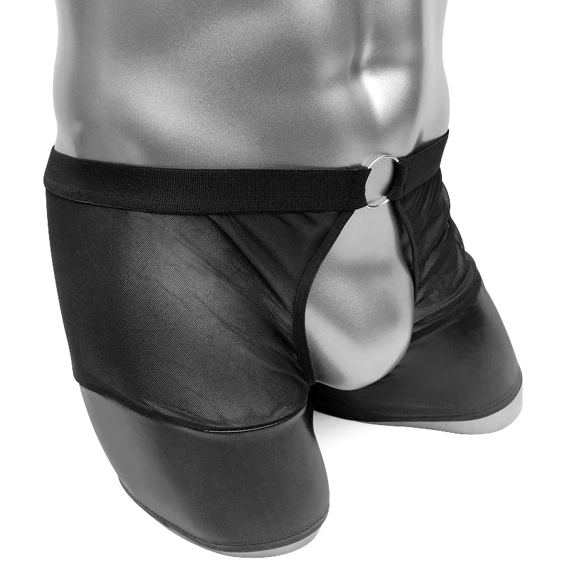 Open Butt Mens Faux Leather Boxers Shorts Underwear Erotic Lingerie Crotchless Sissy Panties Mesh Male Underpants Clubwear