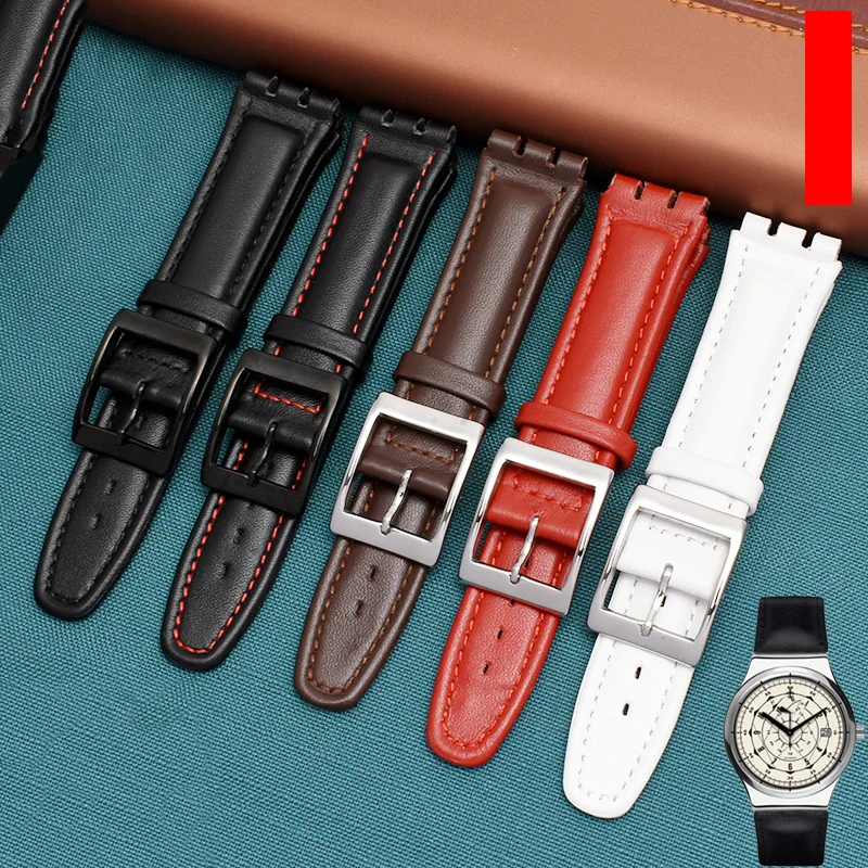 Lederen Armband Voor Swatch Band Vlakte Horloge Band 17Mm 19Mm Wrist Strap Red Horlogebanden Vrouwen Man Horloge riem Accessoires