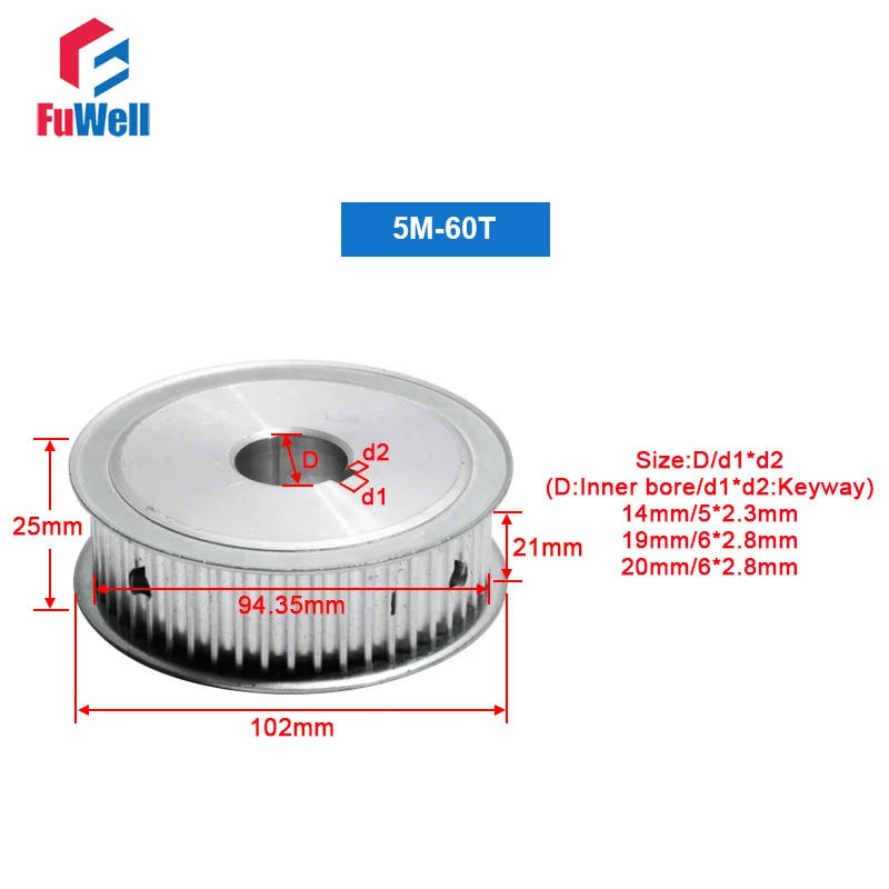 5M-60T HTD Timing Pulley 21mm Belt Width Gear Belt Pulley Keyway Type 60Teeth 14/19/20mm Bore Aluminum Alloy Synchronous Pulley