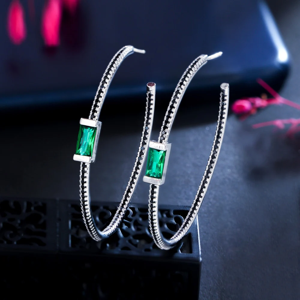 CWWZircons Neue trendige, große, dünne, runde Creolen mit schwarzen und grünen Zirkonia-Steinen für Damen, Party-Schmuck, Großhandel E0761 – Detail 9