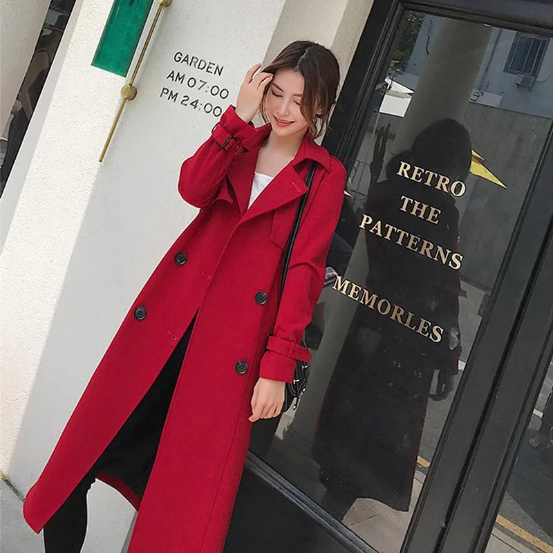 Autumn Korean Women Red Trench Coat With Sashes Elegant Double Breasted Long Sleeve Lapel Mid-length Windbreaker Female 2024 New