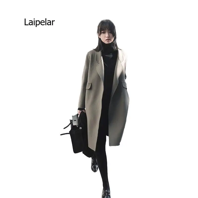 Fashion Open Stitch Womens Long Coats Fall Winter Turn-down Collar Loose Wool Blend Coat Jacket Office Lady Ladies Coats