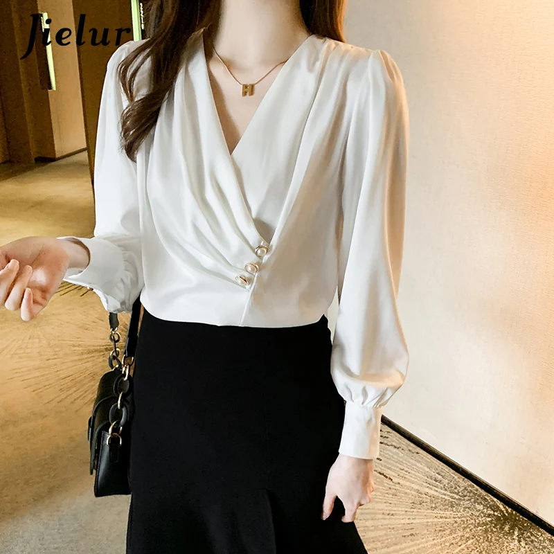 Jielur White Elegant V-neck Long Sleeve Women Shirts Fashion Office Ladies Red Tops Casual Solid Color Buttons Attractive Blouse