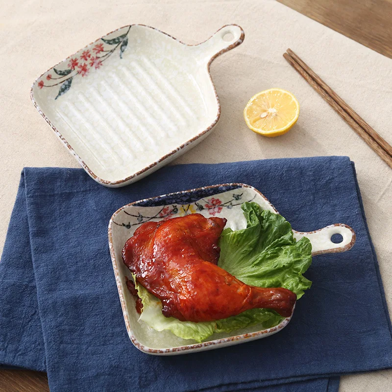 LingAo-Japanese Creative Tableware, Ceramic, Baking Tray, Long Handle, Single Handle Plate, Household Plate