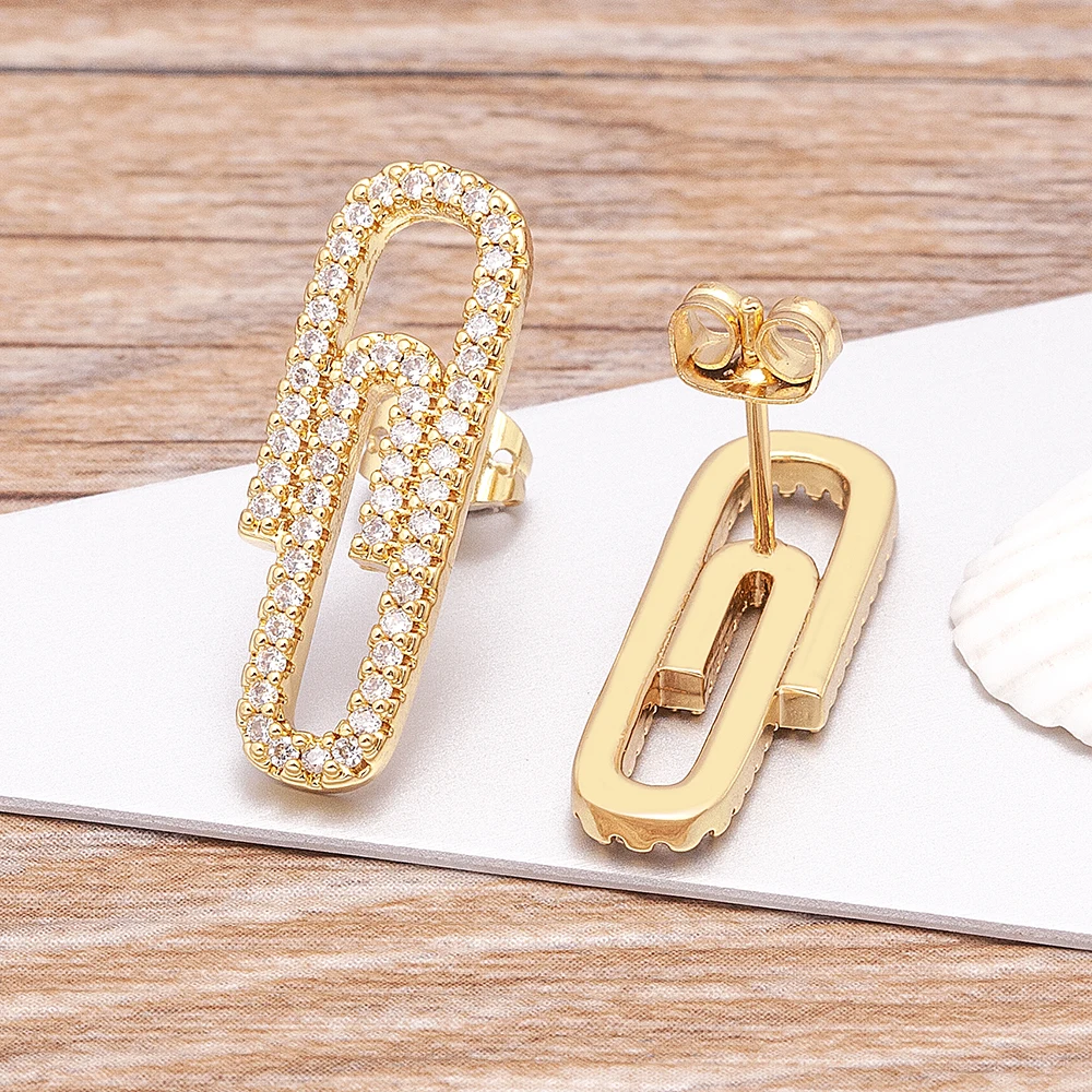 New Arrival Classic Copper Zircon Crystal Geometric Paper Clip Hoop Earrings For Women Elegant Fashion Jewelry Best Gifts