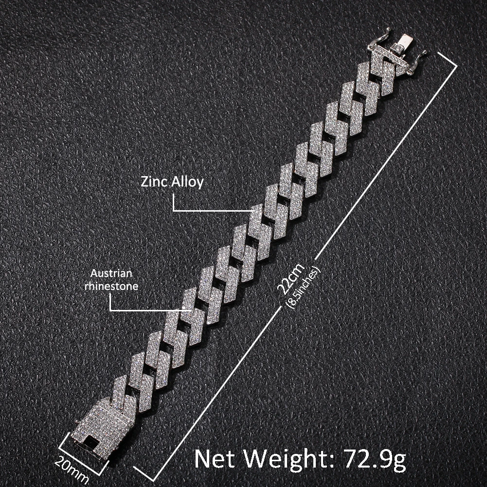 THE BLING KING 20mm Miami Prong Cuban Link Bracelet 3 Row Full Iced Out Rhinestones 7inch 8inch Bracelet Mens Hiphop Jewelry