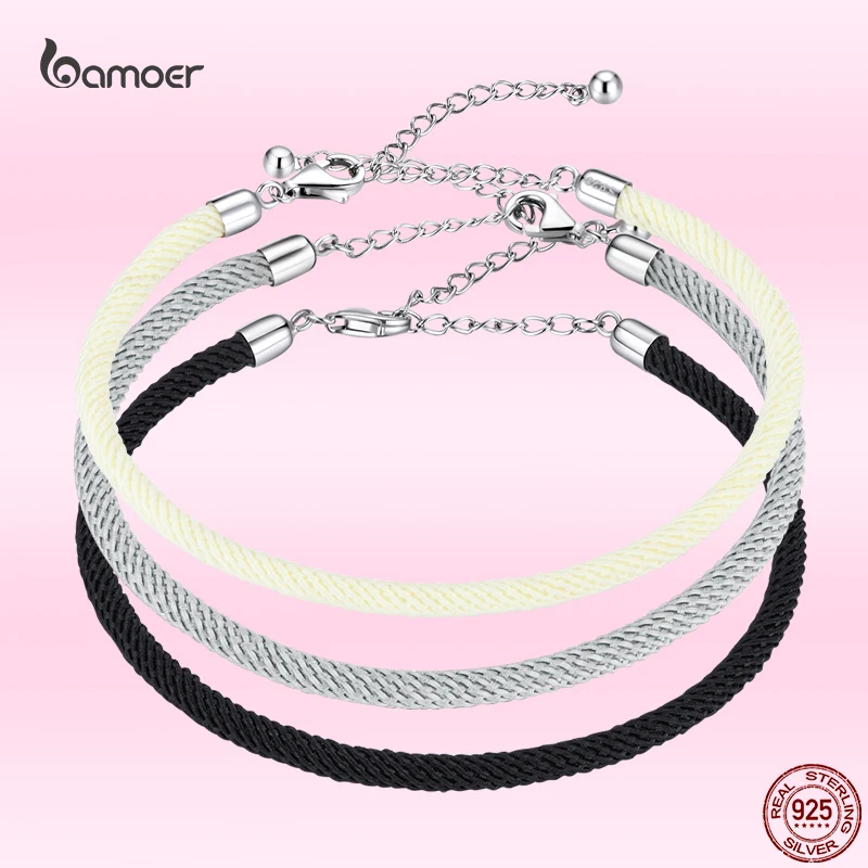 Bamoer Real 925 Sterling Silver Simple Fashion Bracelet for Girl Adjustable Black Gray Multicolor Bracelet Formal Party Jewelry