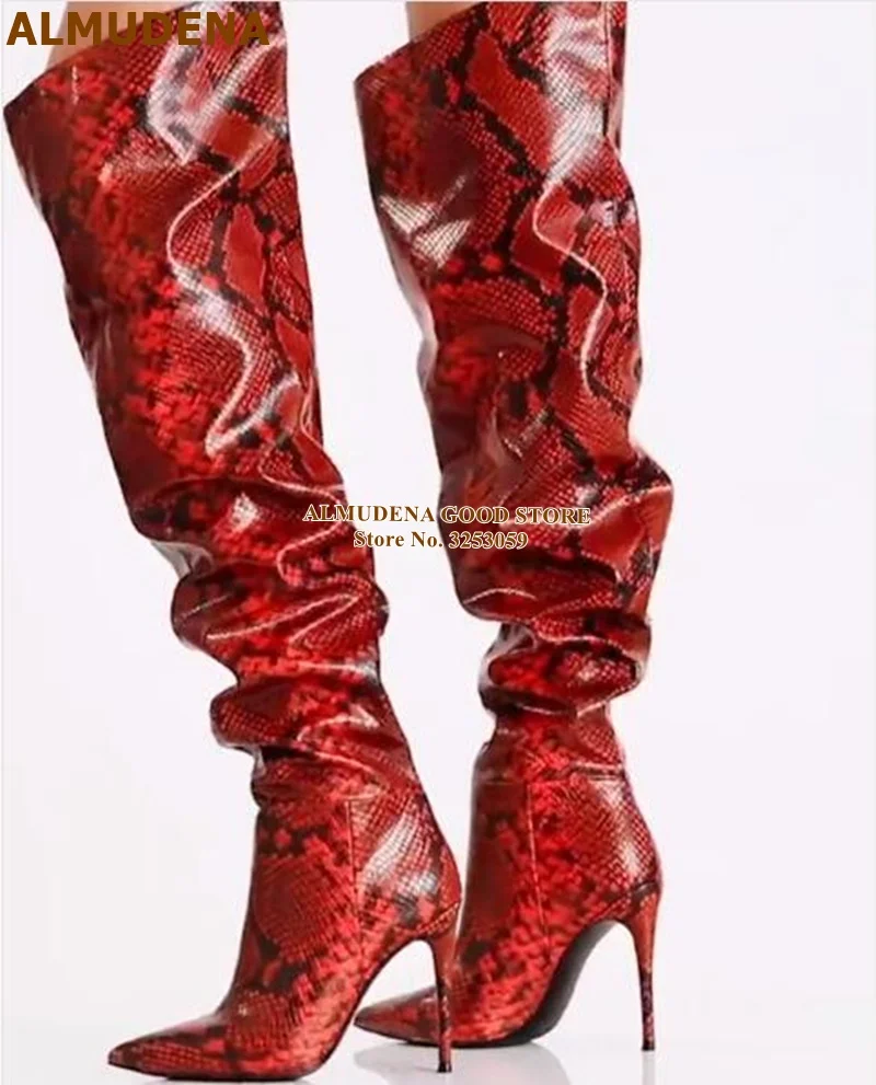 ALMUDENA Snakeskin Pleated Over-the-knee Boots Stiletto Heels Slouch Python Printed Thigh Boots Pointed Toe Gladiator Long Boots