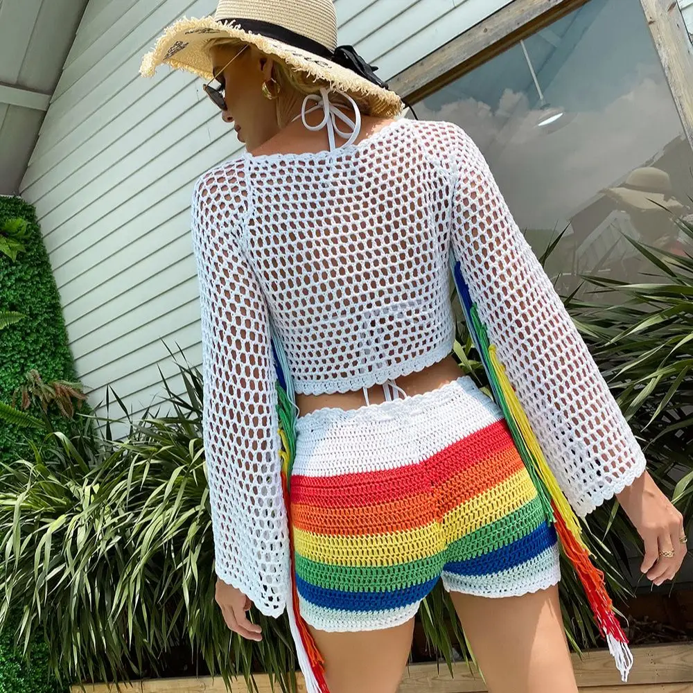 Crochet Rainbow Fringe Tassel Beach Cover Up Sexy Women Hollow Out Bikini Swimwear Cover Ups Beach Swimwear Cover Up Boho