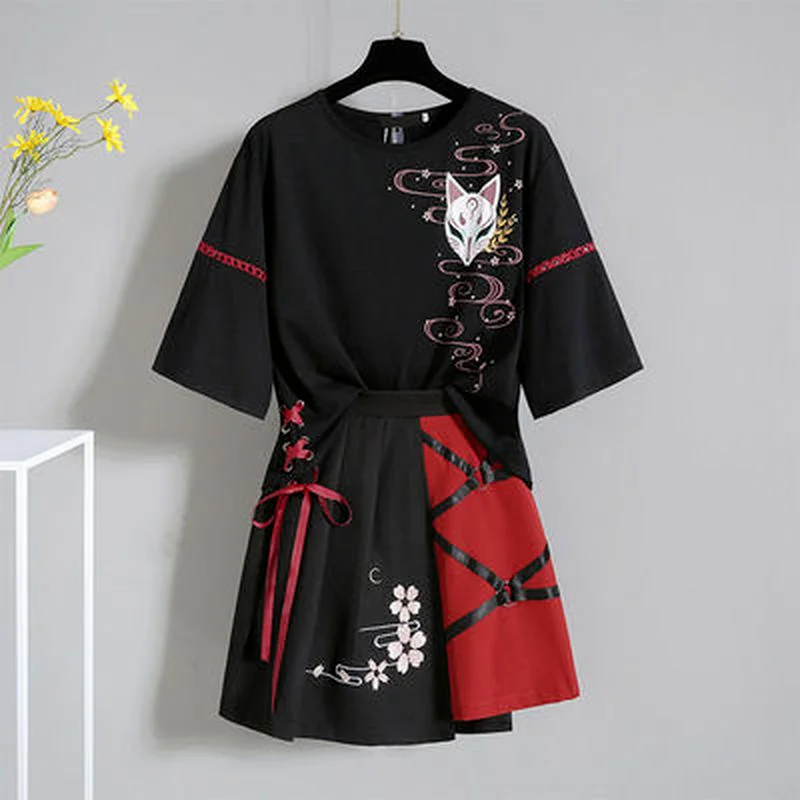 Anime Japanese Red Ribbon Girl Lolita T-shirt Short Skirt Set Adult Fox Hanfu Dress Halloween Cosplay Costume