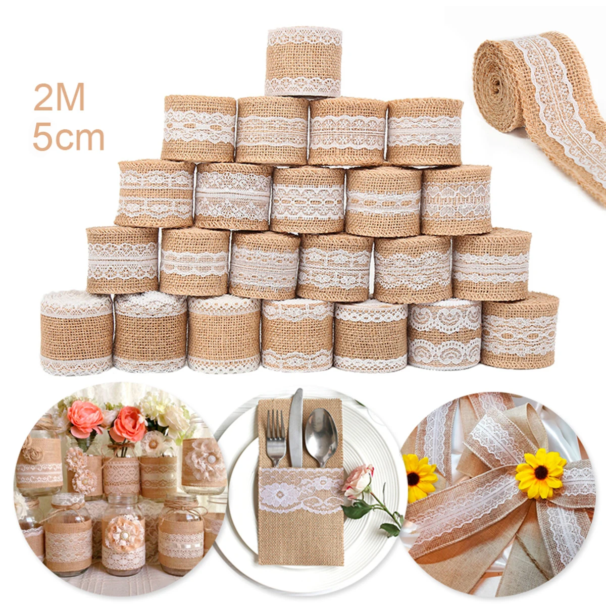 2M Natural Jute Burlap Hessian Ribbon Rolls Vintage Rustic Wedding Decoration Christmas Gift Wrapping Festival Party Home Decor