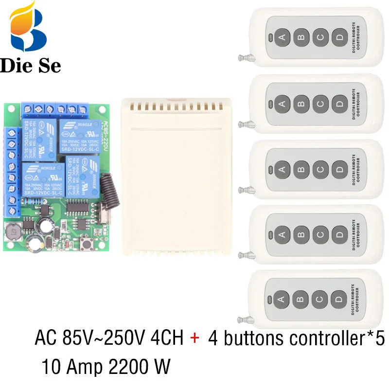 

433MHz Universal Remote Control 110V 220V 250V 2200W 4CH Relay Receiver Module 4 Button Remote Control Garage door light Switch