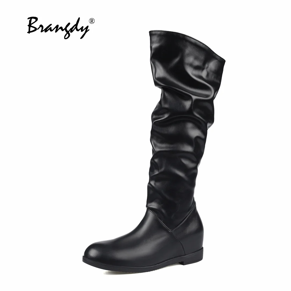 

Brangdy 2022 Concise Women Knee Hight Boots PU Leather Pleated Women Shoes Round Toe Women Winter Knight Boots Retro Hidden Heel