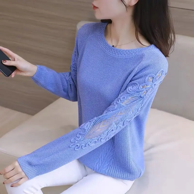 Large lace hollowed-out long-sleeved sweater autumn and winter new loose bottom shirt round collar sweater blouse