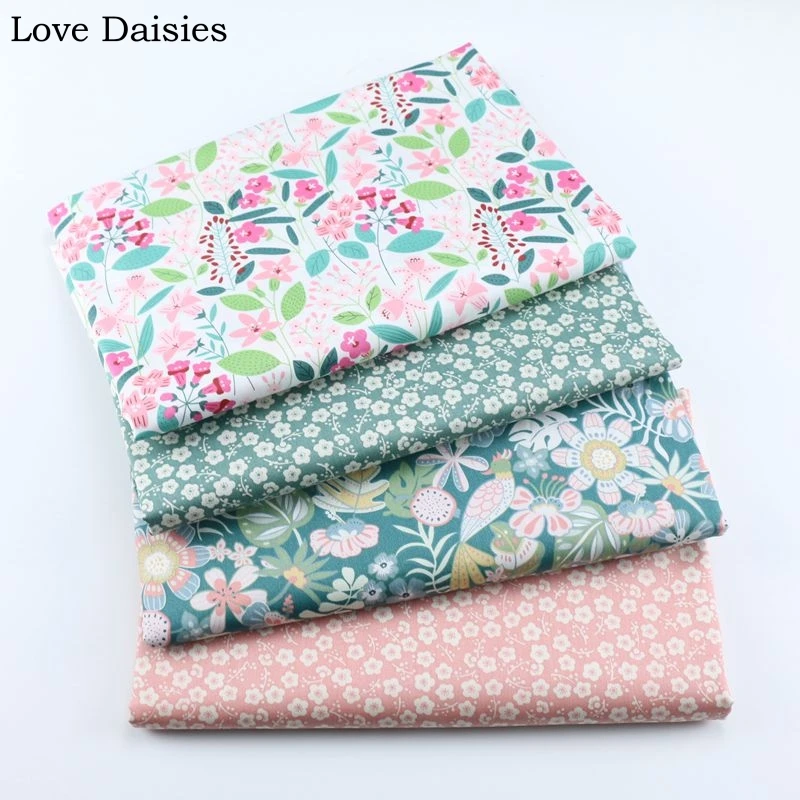 100% Cotton Twill DARK GREEN PINK Gray Camel Bird Leaves Loverly Flower Floral Fabric For Bedding Pillow Clothing Dress Textile