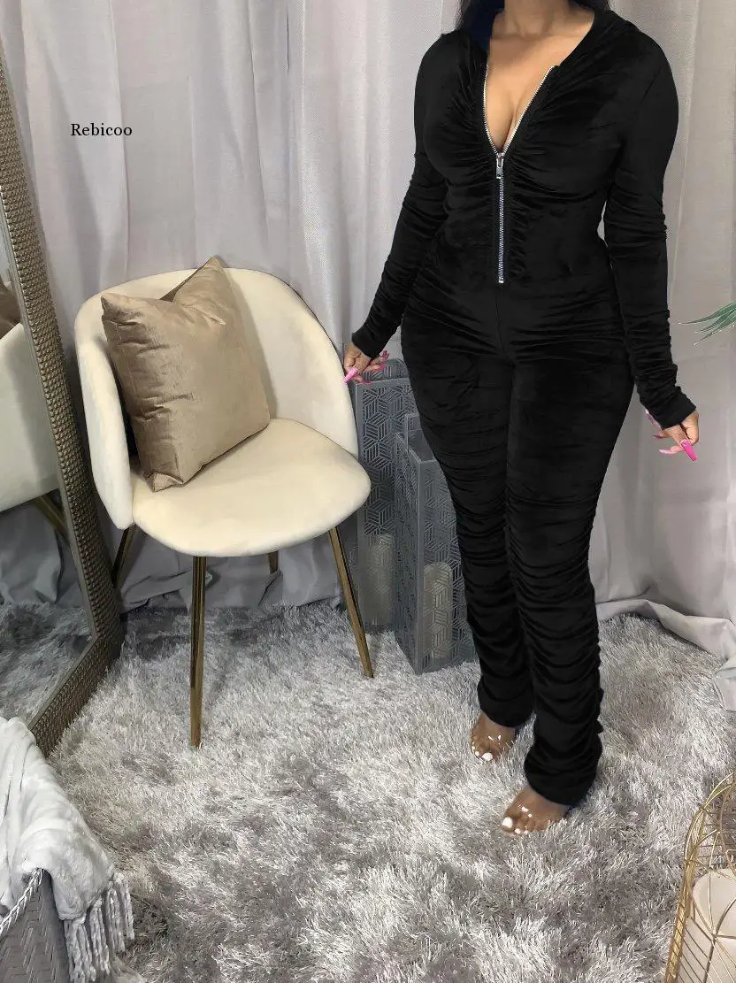 Fall New Streetwear Velvet Ruched Bodycon Hoodies Jumpsuit Women Active Stacked Zipper Hooded Romper One Piece Overall