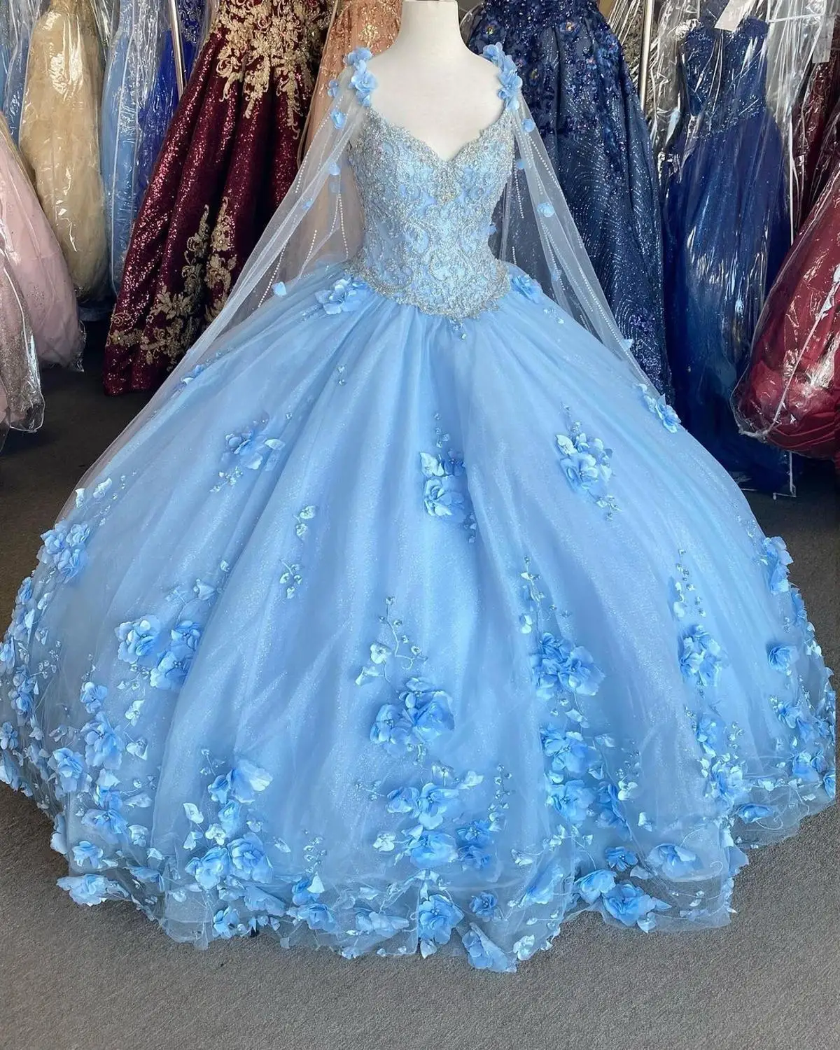 3D Floral vestidos de 15 años 2022 Puffy  Quinceanera Dress Cape Sweetheart Neck Sweet 16 Dress Long Prom Gowns Lace-Up