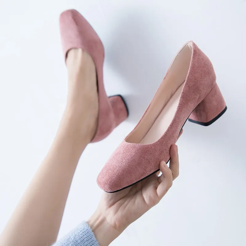 YQBTDL Fashion Square Toe Thick Heels Suede Shoes Women Pumps Blue Black Pink Concise Shallow Block High Heel Dress Office Shoes