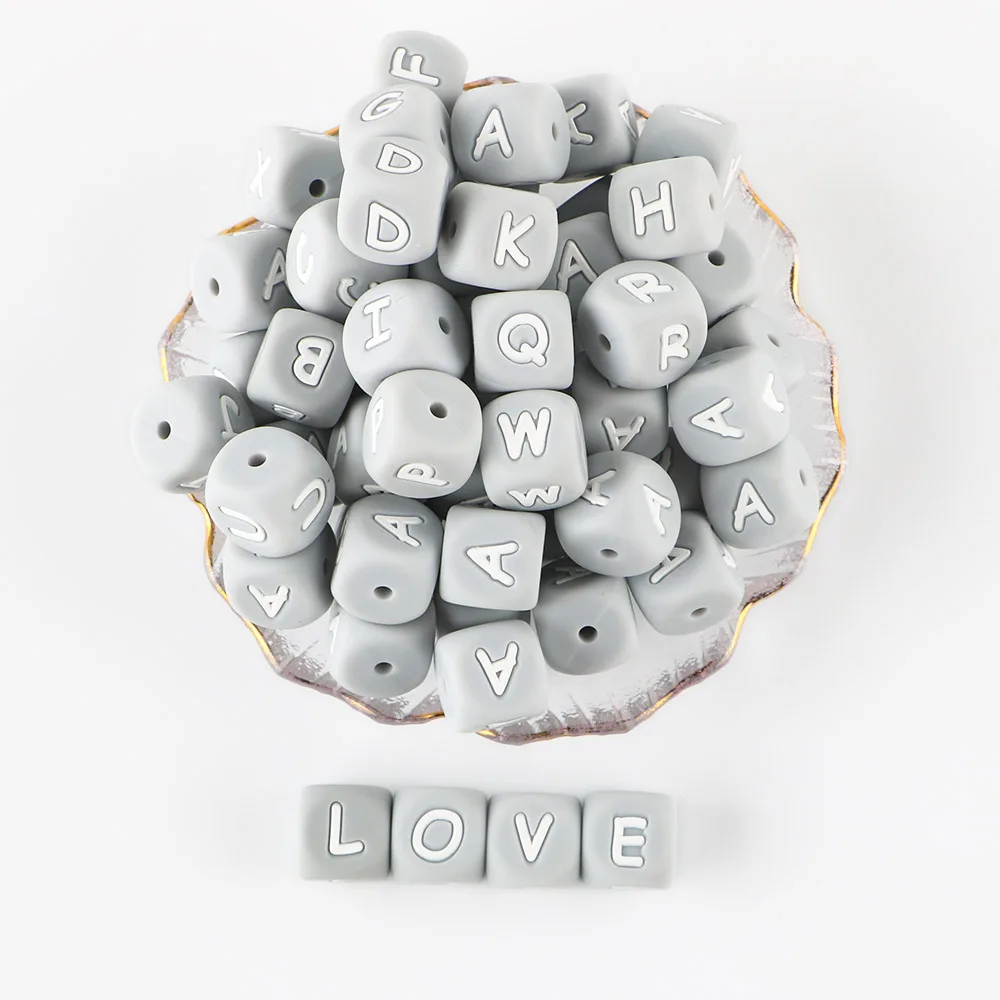 English Gray  Alphabet Baby Silicone Letter Beads 12MM 10Pcs Beads Letters For Jewelry Making DIY Pacifier Chain Accessories