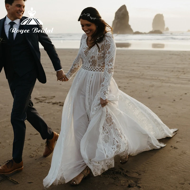 

Roycebridal Ivory Beach Boho Wedding Dress V Neck Lace Chiffon A Line Long Sleeve Bridal Gown robe de mariée