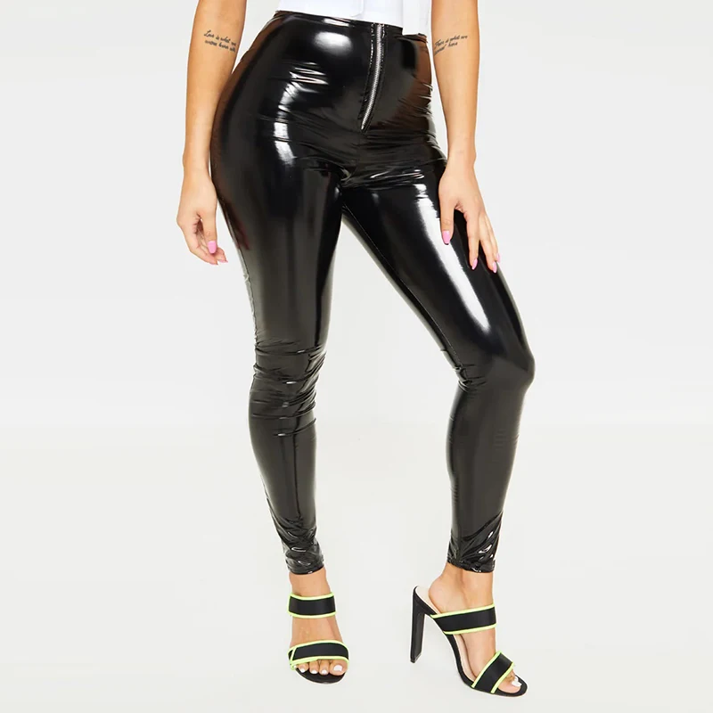 Sexy calça de couro envernizado feminina, leggings de couro falso, cintura alta, zíper frontal, calças lápis finas, calça casual personalizada PVC Skinny