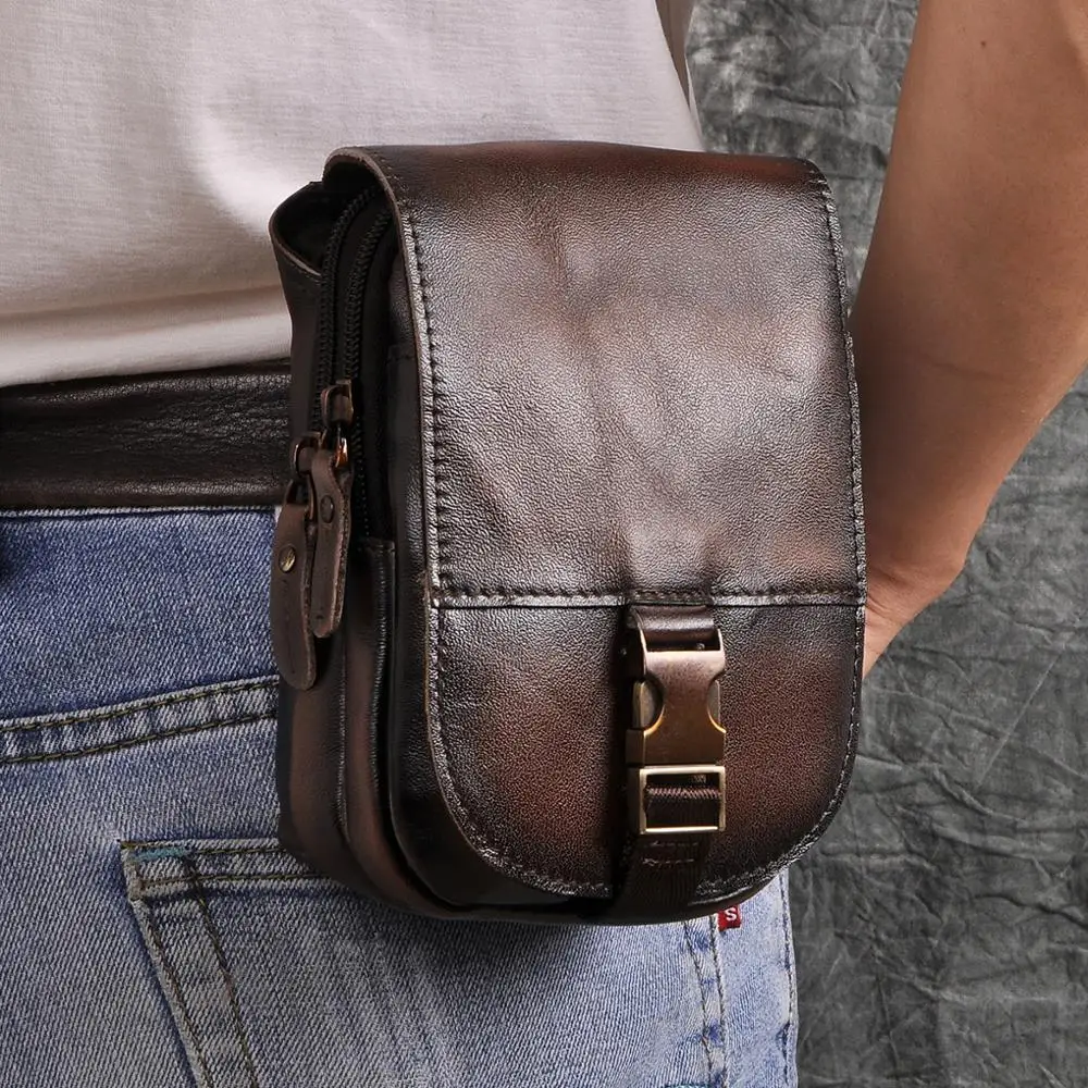 Real Leather Cowhide Retro Men Design Casual Daily Use Small Fanny Waist Belt Bag Hook Pack Fashion 6\