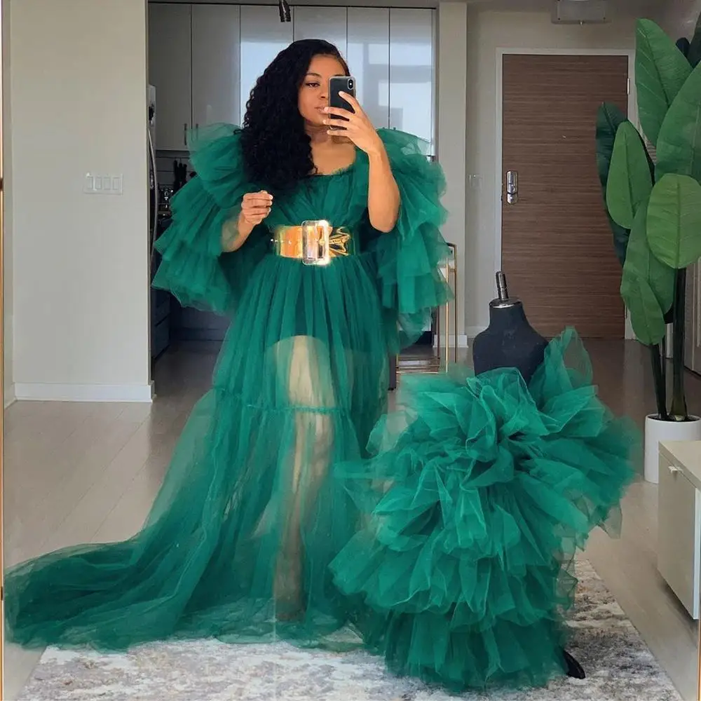 Mom & Me Green Tulle Women Dresses Summer Puffy Ruffles Tiered Sleeves Fashion See Thru Long Dress Plus Size Summer