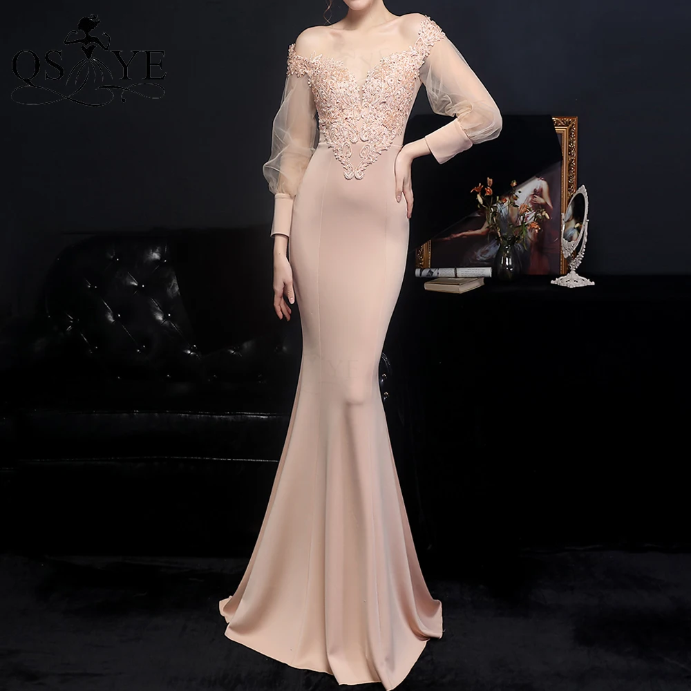 Robe de soirée de forme sirène, tenue de soirée, Champagne, manches longues, épaules dénudées, col en V, perles, dentelle, dos nu